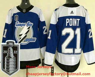 Men's Tampa Bay Lightning #21 Brayden Point Blue Reverse Retro 2022 Stanley Cup Stitched Jersey
