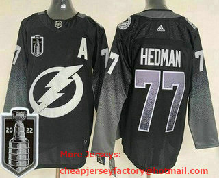 Men's Tampa Bay Lightning #77 Victor Hedman Black 2022 Stanley Cup Stitched Jersey