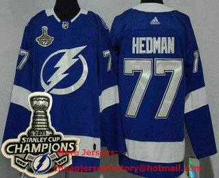 Men's Tampa Bay Lightning #77 Victor Hedman Blue 2021 Stanley Cup Champions Authentic Jersey