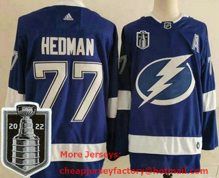 Men's Tampa Bay Lightning #77 Victor Hedman Blue 2022 Stanley Cup Stitched Jersey