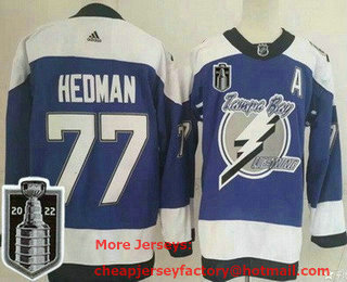 Men's Tampa Bay Lightning #77 Victor Hedman Blue Reverse Retro 2022 Stanley Cup Stitched Jersey