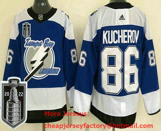 Men's Tampa Bay Lightning #86 Nikita Kucherov Blue Reverse Retro 2022 Stanley Cup Stitched Jersey