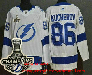 Men's Tampa Bay Lightning #86 Nikita Kucherov White 2021 Stanley Cup Champions Authentic Jersey