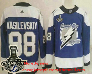 Men's Tampa Bay Lightning #88 Andrei Vasilevskiy Blue 2021 Reverse Retro 2021 Stanley Cup Champions Authentic Jersey