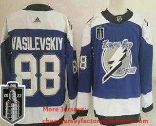 Men's Tampa Bay Lightning #88 Andrei Vasilevskiy Blue Reverse Retro 2022 Stanley Cup Stitched Jersey