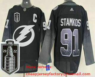 Men's Tampa Bay Lightning #91 Steven Stamkos Black 2022 Stanley Cup Stitched Jersey