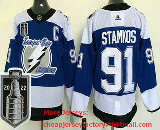 Men's Tampa Bay Lightning #91 Steven Stamkos Blue Reverse Retro 2022 Stanley Cup Stitched Jersey
