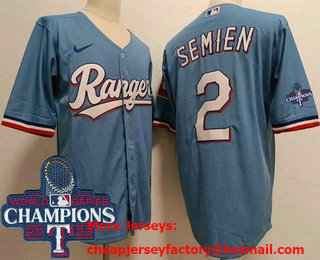 Men's Texas Rangers #2 Marcus Semien Light Blue Team Logo 2023 World Series Champions Cool Base Jersey