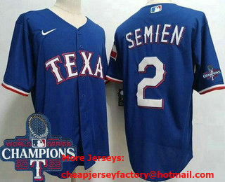 Men's Texas Rangers #2 Marcus Semien Royal Team Logo 2023 World Series Champions Cool Base Jersey