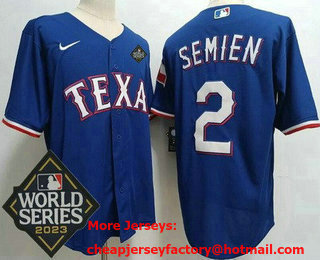 Men's Texas Rangers #2 Marcus Semien Royal Team Logo 2023 World Series Cool Base Jersey