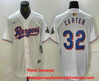 Men's Texas Rangers #32 Evan Carter White 2023 World Series Champions Cool Base Jersey 11