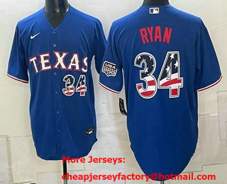 Men's Texas Rangers #34 Nolan Ryan Blue 2026 USA 250 Fourth of July Stitched Jersey