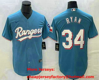 Men's Texas Rangers #34 Nolan Ryan Light Blue Team Logo Cool Base Jersey