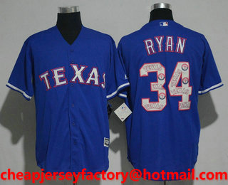 Men's Texas Rangers #34 Nolan Ryan Retired Royal Blue Team Logo Ornamented Stitched MLB Cool Base Jersey