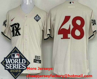 Men's Texas Rangers #48 Jacob deGrom Cream City 2023 World Series Cool Base Jersey
