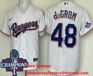 Men's Texas Rangers #48 Jacob deGrom White 2023 World Series Champions Cool Base Jersey