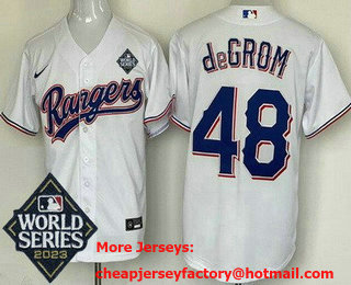 Men's Texas Rangers #48 Jacob deGrom White 2023 World Series Cool Base Jersey