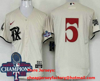 Men's Texas Rangers #5 Corey Seager Cream City 2023 World Series Champions Cool Base Jersey