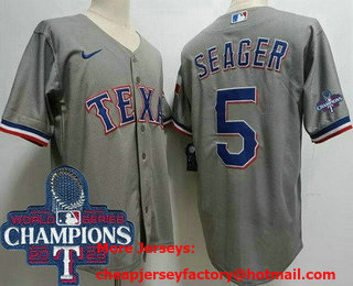 Men's Texas Rangers #5 Corey Seager Light Gray Team Logo 2023 World Series Champions Cool Base Jersey
