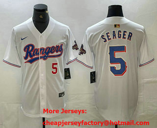 Men's Texas Rangers #5 Corey Seager Number White 2023 World Series Champions Cool Base Jersey 12