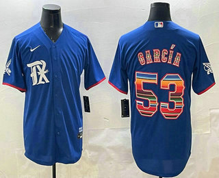Men's Texas Rangers #53 Adolis Garcia Blue Rainbow Cool Base Stitched Jersey