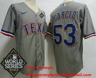 Men's Texas Rangers #53 Adolis Garcia Gray Team Logo 2023 World Series Cool Base Jersey