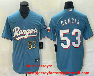 Men's Texas Rangers #53 Adolis Garcia Number Light Blue Team Logo Cool Base Jersey 01