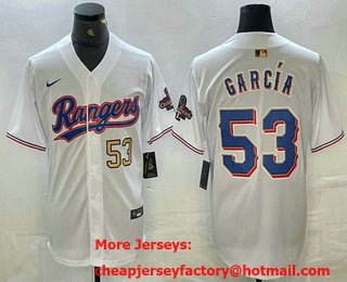 Men's Texas Rangers #53 Adolis Garcia Number White 2023 World Series Champions Cool Base Jersey 11