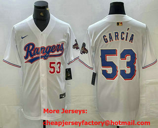 Men's Texas Rangers #53 Adolis Garcia Number White 2023 World Series Champions Cool Base Jersey 12