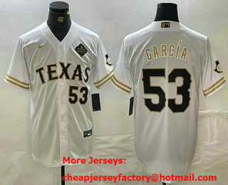 Men's Texas Rangers #53 Adolis Garcia Number White Gold Cool Base Stitched Baseball Jersey