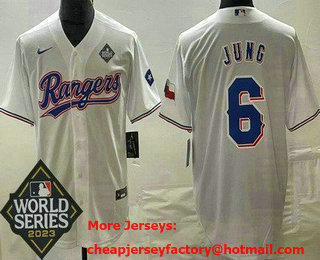 Men's Texas Rangers #6 Josh Jung White Team Logo 2023 World Series Cool Base Jersey