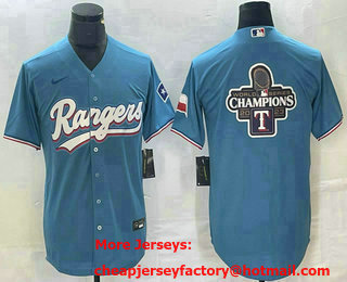 Men's Texas Rangers Blank Big Logo Light Blue Team Logo Cool Base Jersey