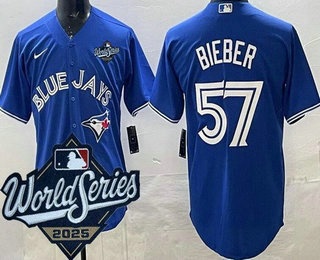 Men's Toronto Blue Jays #57 Shane Bieber Blue 2025 World Series Cool Base Jersey