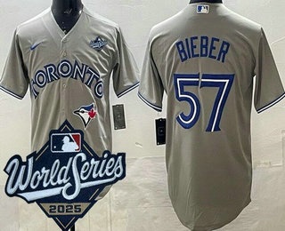 Men's Toronto Blue Jays #57 Shane Bieber Gray 2025 World Series Cool Base Jersey
