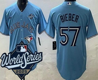 Men's Toronto Blue Jays #57 Shane Bieber Light Blue 2025 World Series Cool Base Jersey