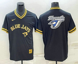 Men's Toronto Blue Jays Big Logo Black Gold Nike Cooperstown Legend V Neck Jersey