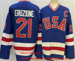 Men's USA #21 Mike Eruzione Blue 1980 Olympics Stitched Jersey