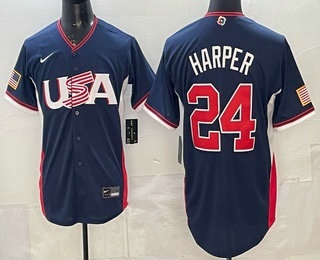Men's USA #24 Bryce Harper Navy 2026 World Baseball Classic Cool Base Jersey