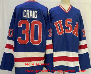 Men's USA #30 Jim Craig Blue 1980 Olympics Stitched Jersey