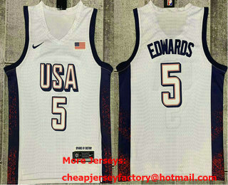 Men's USA #5 Anthony Edwards White 2024 Olympics Stitched Jersey