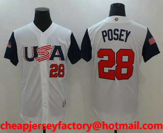 Men's USA Baseball #28 Buster Posey White 2017 World Baseball Classic Stitched Replica Jersey