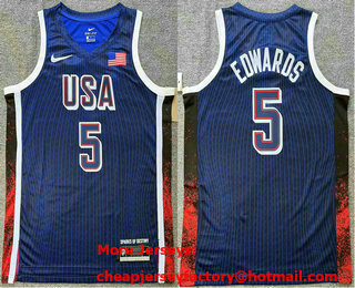 Men's USA Basketball #5 Anthony Edwards Blue 2024 Swingman Heat Press Jersey