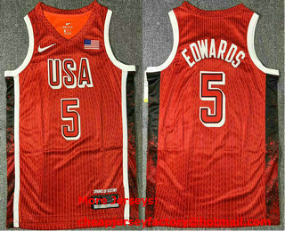 Men's USA Basketball #5 Anthony Edwards Red 2024 Swingman Heat Press Jersey