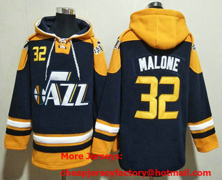 Men's Utah Jazz #32 Karl Malone Navy Yellow Lace Up Pullover Hoodie