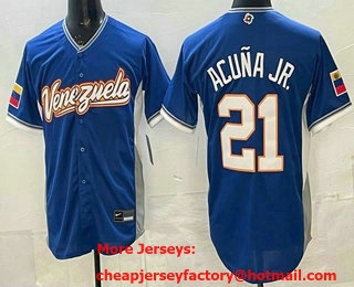Men's Venezuela #21 Ronald Acuna Jr Blue 2026 World Baseball Classic Cool Base Jersey