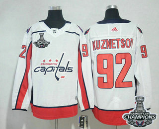 Men's Washington Capitals #92 Evgeny Kuznetsov White Stitched NHL Away Jersey with 2018 Stanley Cup Champions Patch
