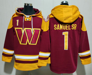 Men's Washington Commanders #1 Deebo Samuel Sr Red Ageless Must Have Lace Up Pullover Hoodie