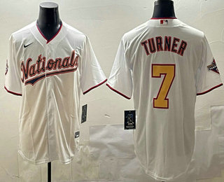 Men's Washington Nationals #7 Trea Turner White Gold 2019 World Series Champions Stitched Cool Base Nike Jersey