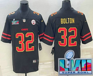 Men’s Kansas City Chiefs #32 Nick Bolton Black Red Gold Super Bowl LVII Patch Vapor Untouchable Limited Stitched Jersey