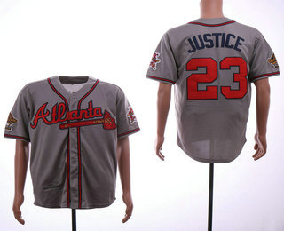 Mens Atlanta Braves #23 David Justice Gray Road Throwback 1995 World Series With 30th Patch Stitched MLB Mitchell & Ness Jersey